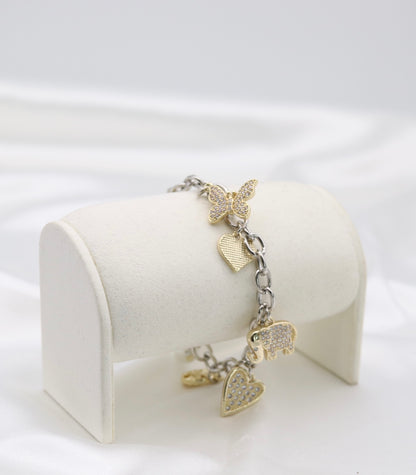 Two-Tone Crystal Charm Bracelet with Heart, Elephant & Pearl