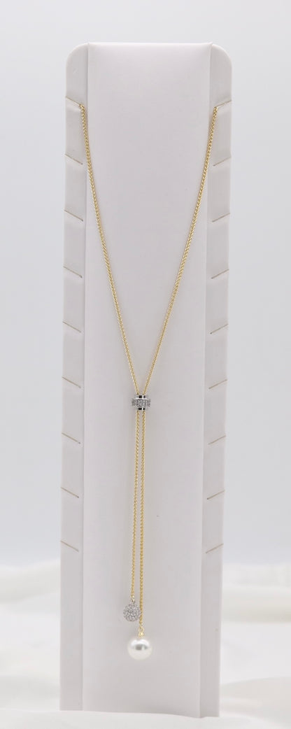 Gold Tone Lariat Necklace with Pearl Drop & Crystal Accent