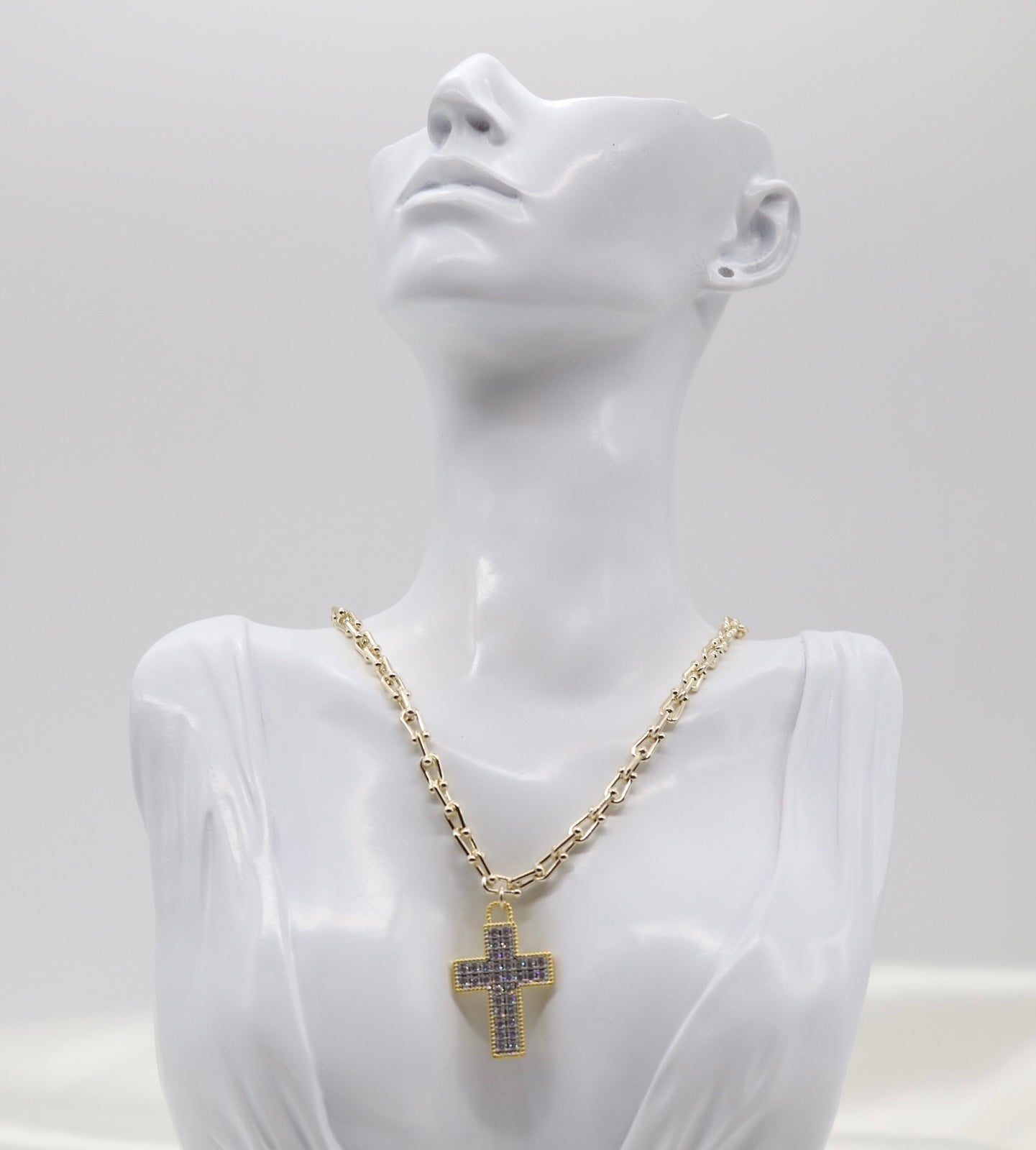 Gold Graduate Link Necklace with CZ Paved Cross Pendant