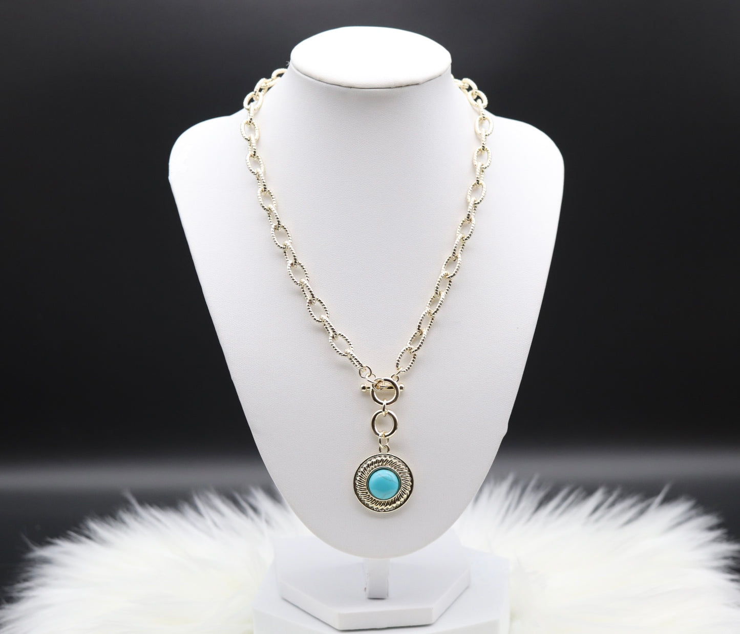 Gold Chain Necklace with Round Turquoise Pendant