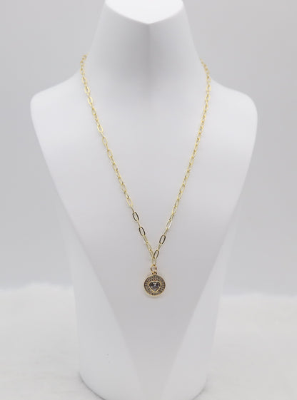 Gold Heart Medallion Necklace – Sparkling Crystal Round Pendant