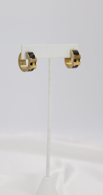 Black Enamel Gold Huggie Hoop Earrings – Sleek Modern Mini Hoops