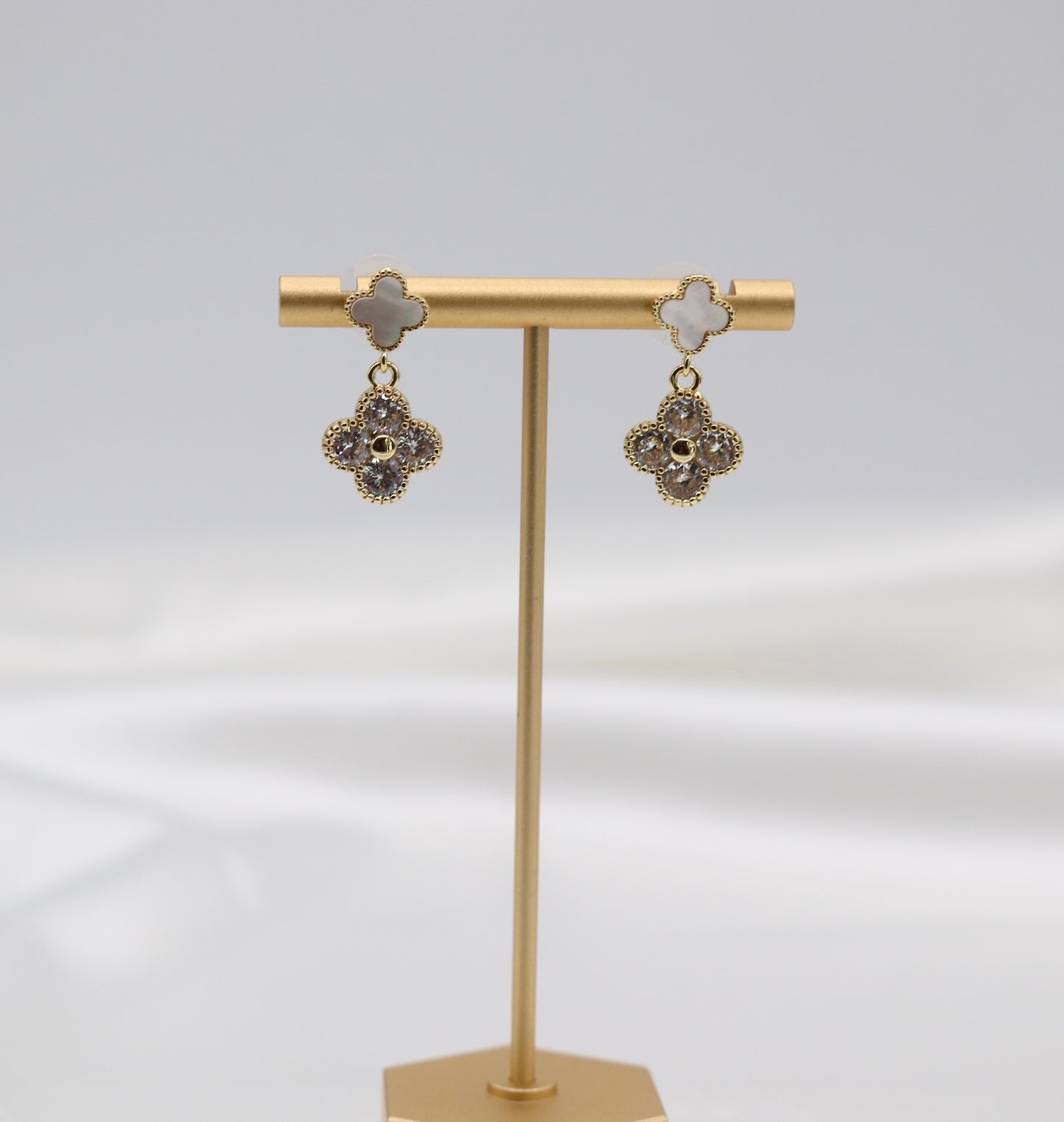 Gold and Pearl CZ Clover Earrings