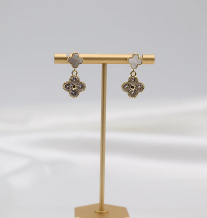 Gold and Pearl CZ Clover Earrings