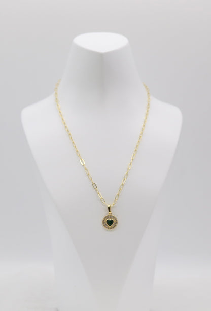 Gold Heart Pendant Necklace – Emerald Green Gemstone with Crystal Halo