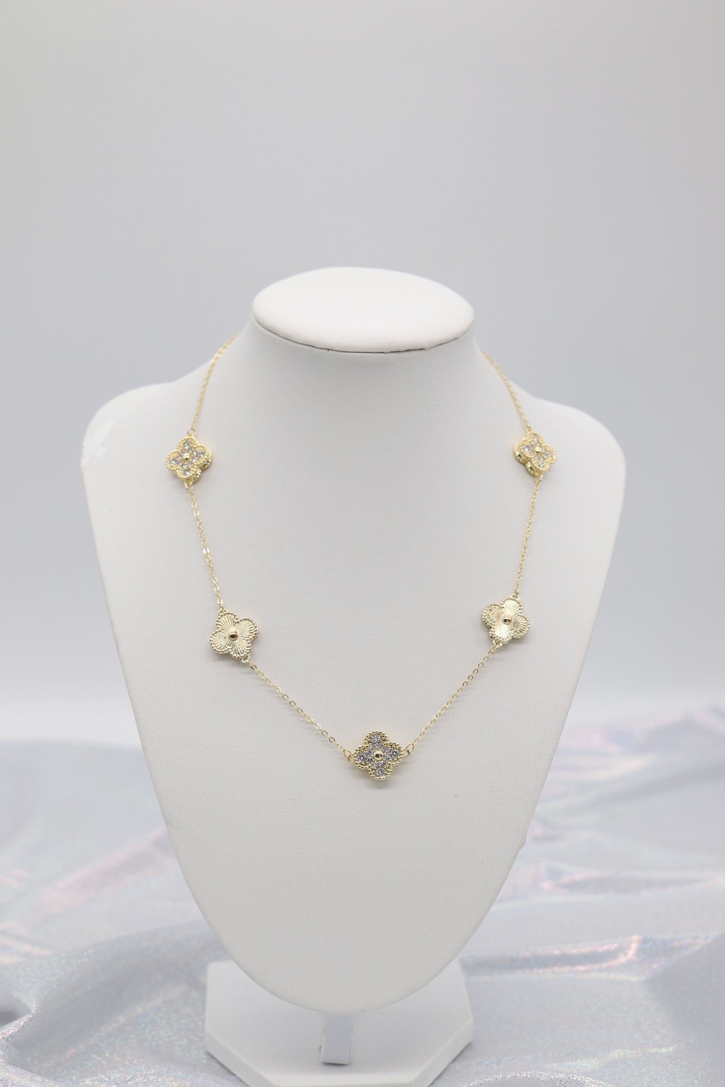 Gold CZ Clover Station Necklace