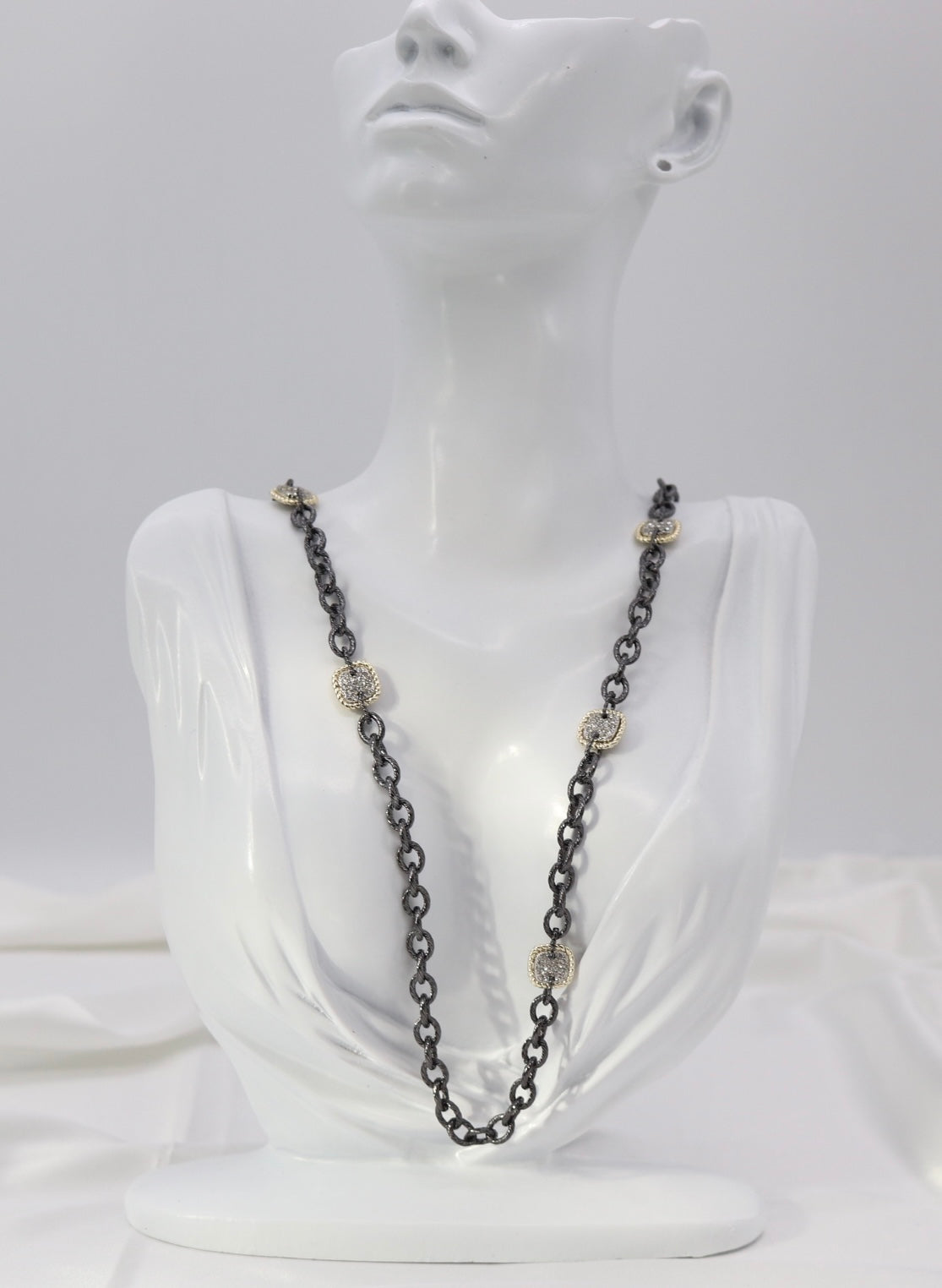 Gunmetal Chain Necklace with Crystal Cushion Stations