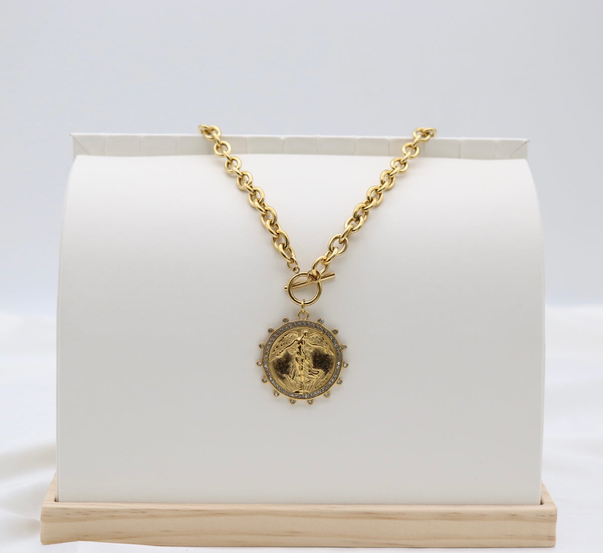 Gold-Tone Crystal Winged Goddess Medallion Necklace