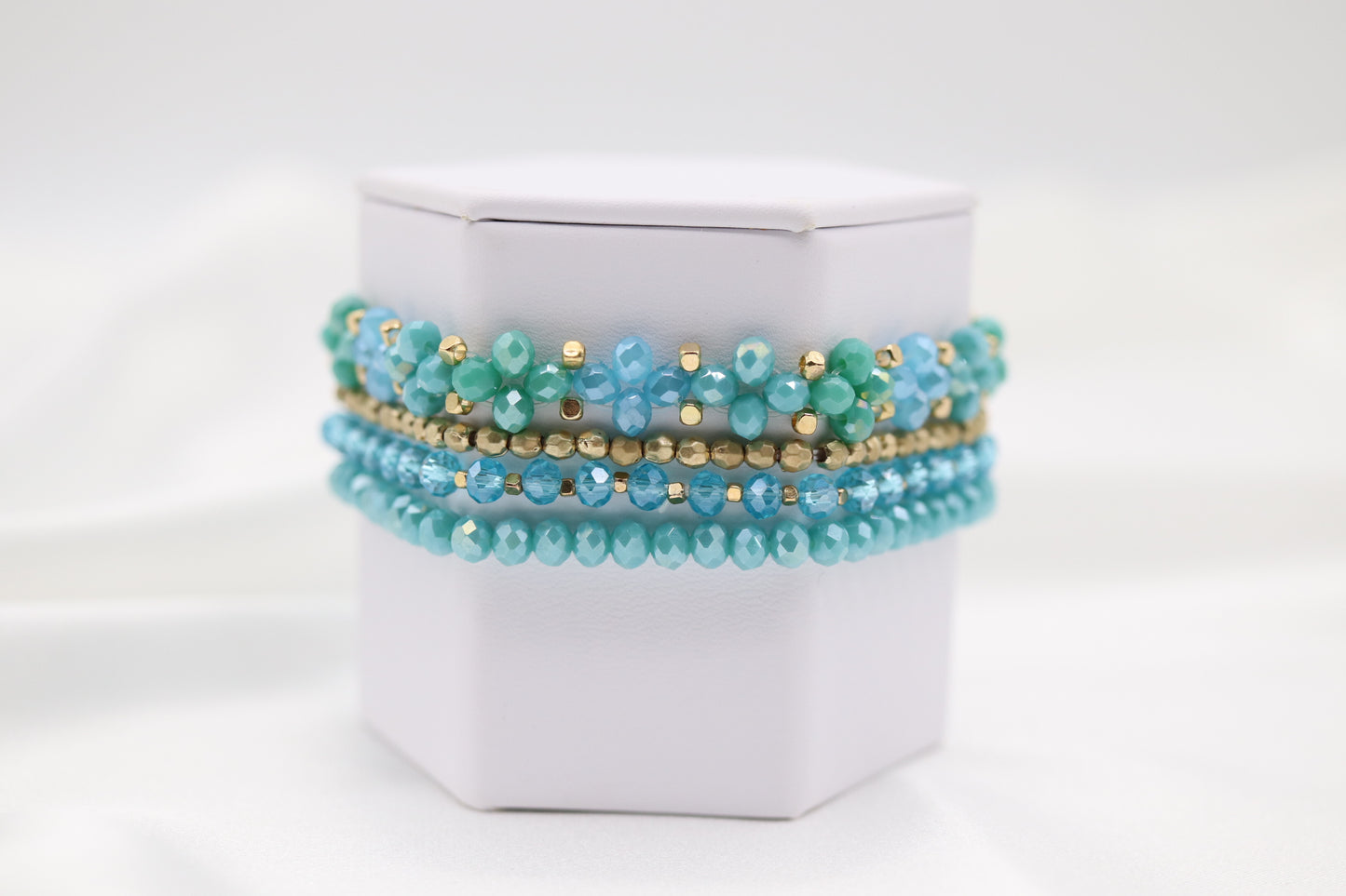 Gold Blue Flower Bead Bracelet Set