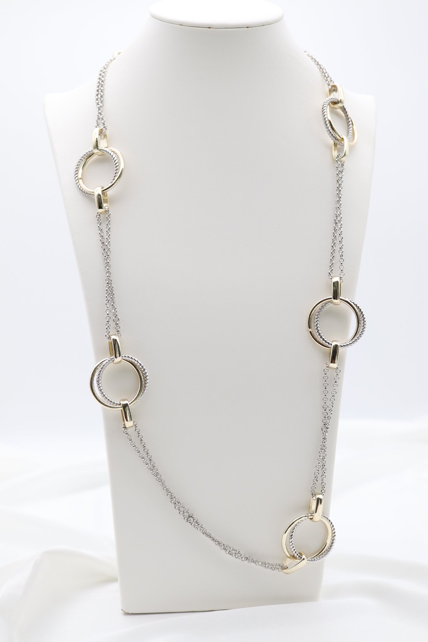 Gold & Silver Cable Floating Dig Circle Double Belcher Necklace