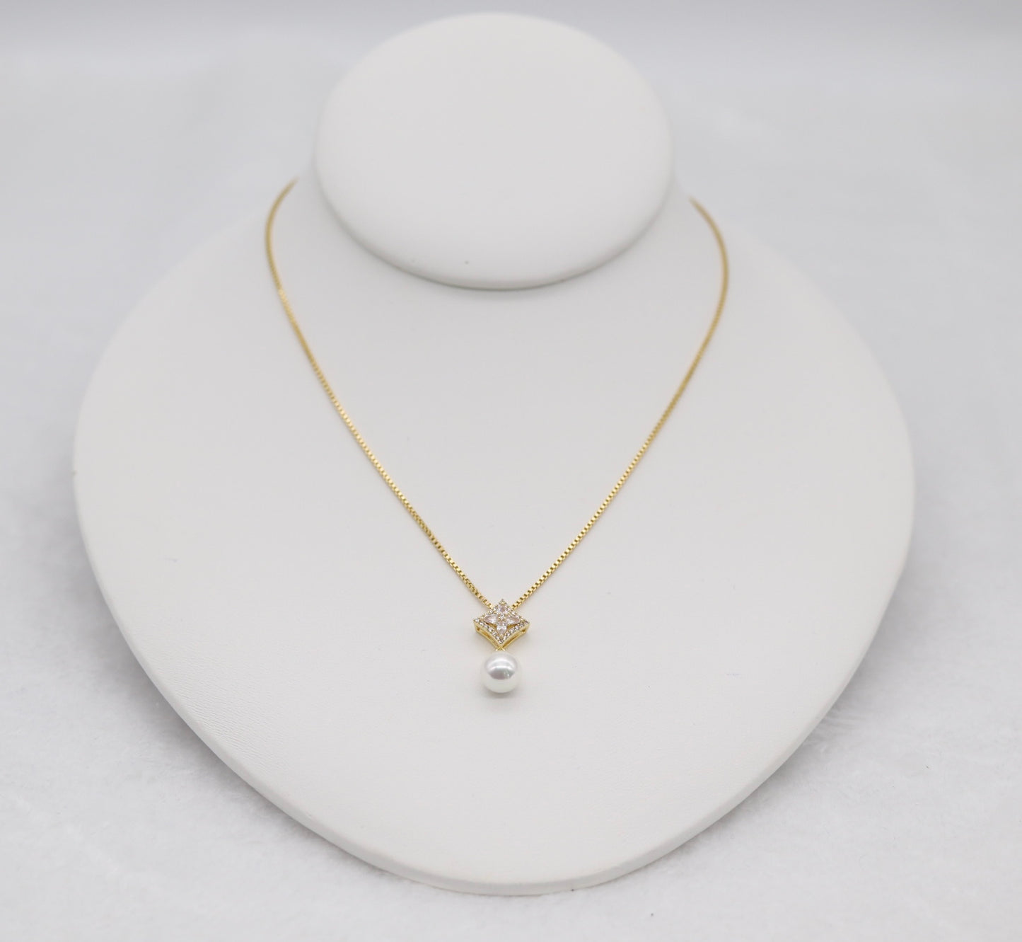 Gold Pearl Drop Necklace – Diamond Accent Square Pendant