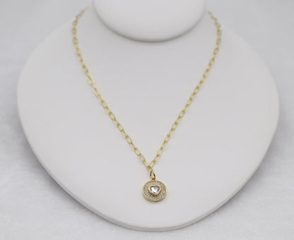 Gold Heart Medallion Necklace – Sparkling Crystal Round Pendant