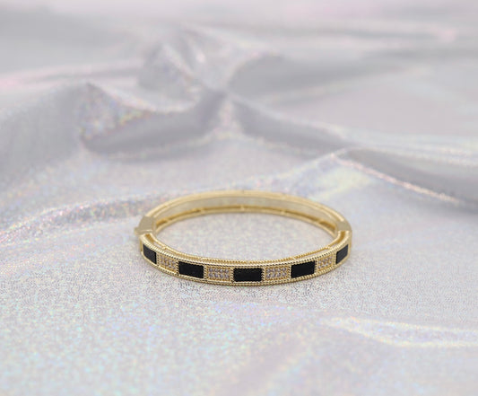 Gold Hinge Bangle Braclet With Black And CZ Paved Stations