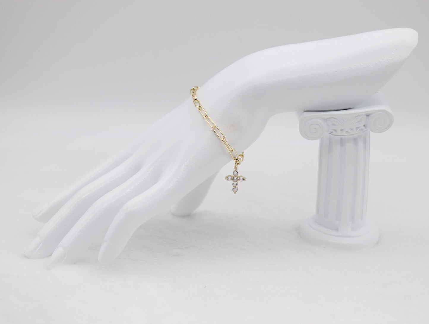 Gold Paperclip Chain Bracelet with CZ Cross Charm