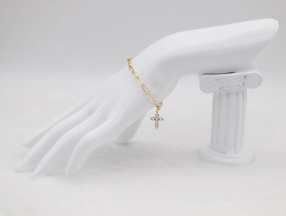 Gold Paperclip Chain Bracelet with CZ Cross Charm