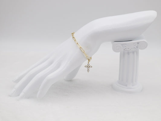 Gold Paperclip Chain Bracelet with CZ Cross Charm