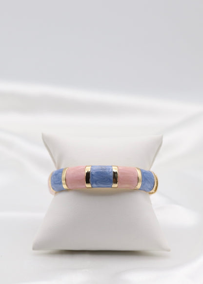 Gold Pink & Blue Multi-Tone Enamel Hinged Bangle Bracelet