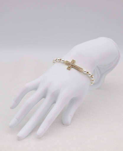 Gold Cross & Pearl Beaded Bracelet – Faith & Elegance