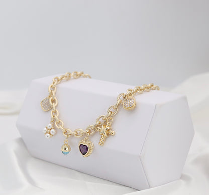 Mixed Charm Gold Chain Necklace – Heart, Pearl & Crystal Charm Statement Necklace