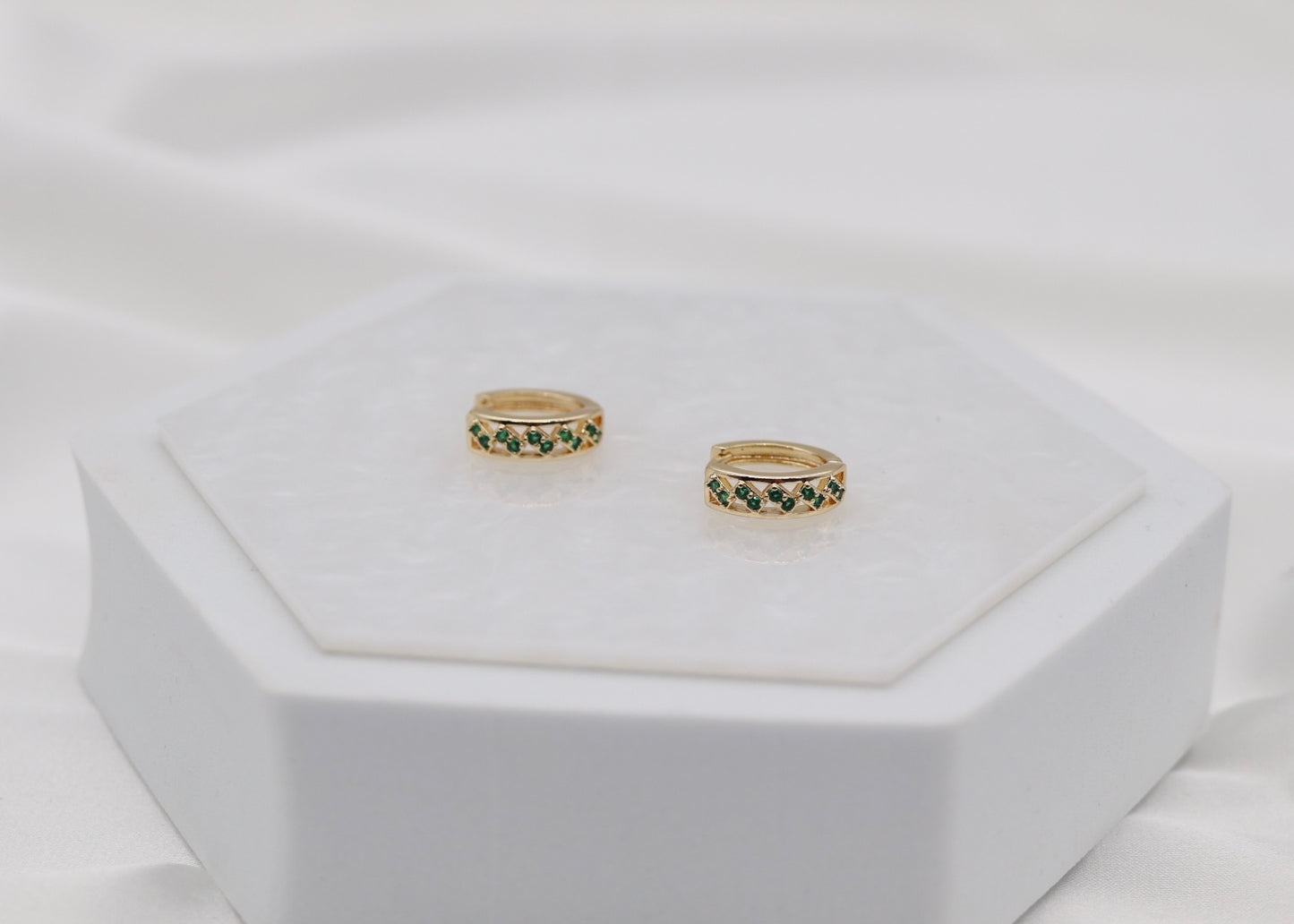 Emerald Lattice Gold Huggie Hoops