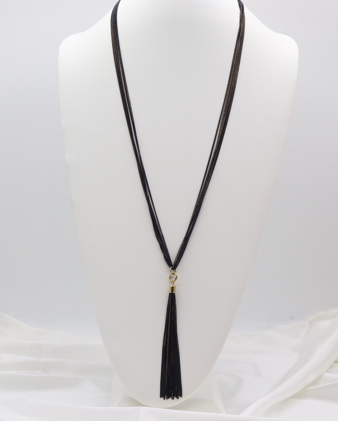 Black Multi-Strand Chain Tassel Necklace with Gold Accents
