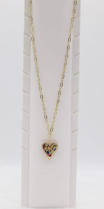 Gold Heart Pendant Necklace – Multi-Gemstone Mosaic Design