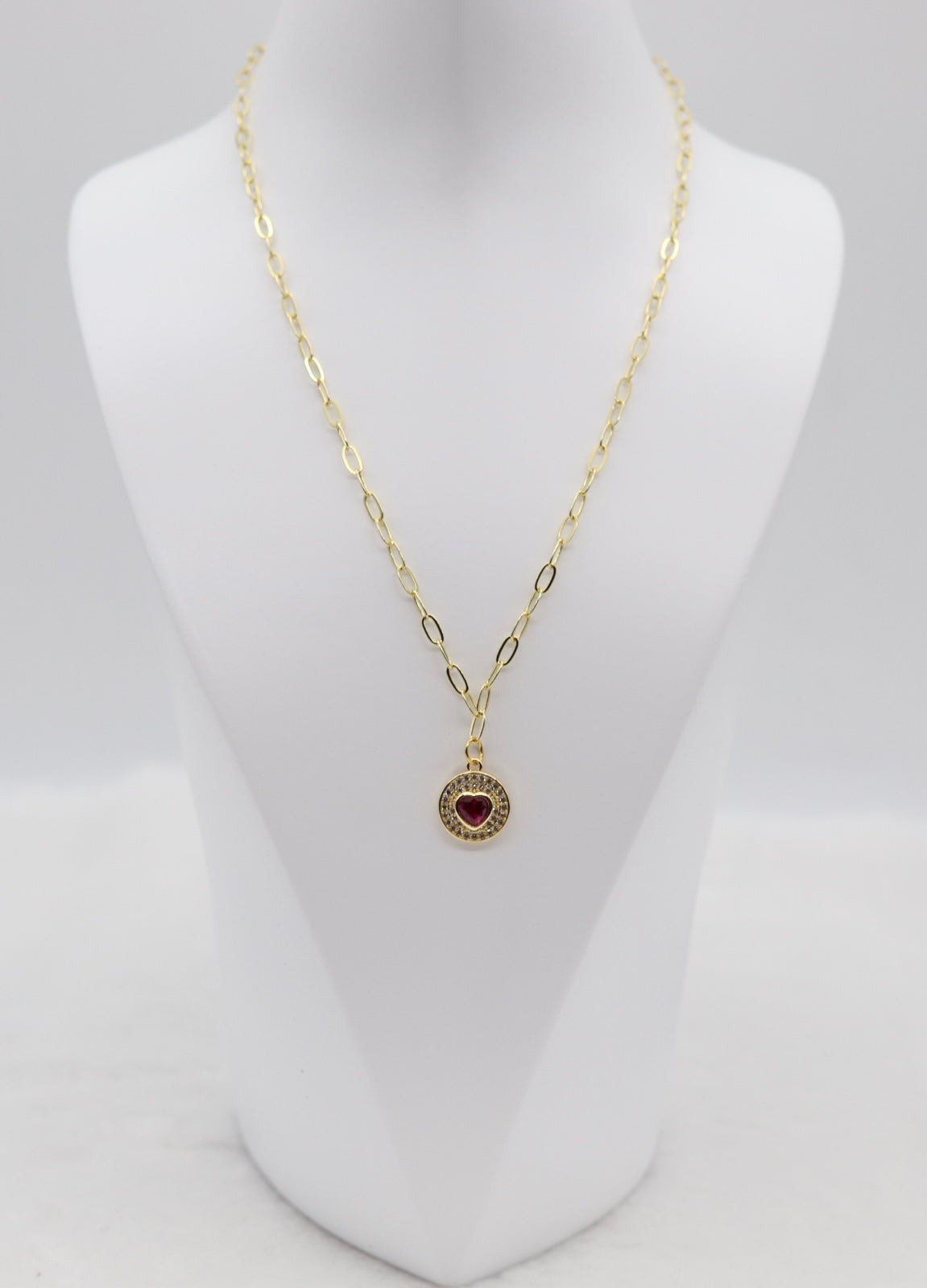 Gold Heart Pendant Necklace – Red Gemstone Center with Crystal Halo