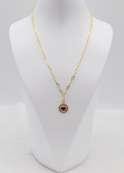 Gold Heart Pendant Necklace – Red Gemstone Center with Crystal Halo