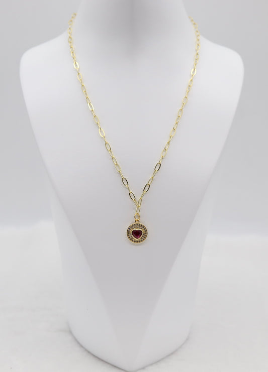 Gold Heart Pendant Necklace – Red Gemstone Center with Crystal Halo