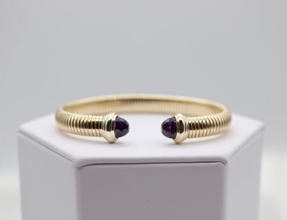 Gold Tubogas Cuff Bracelet With Violet Crystal Ends