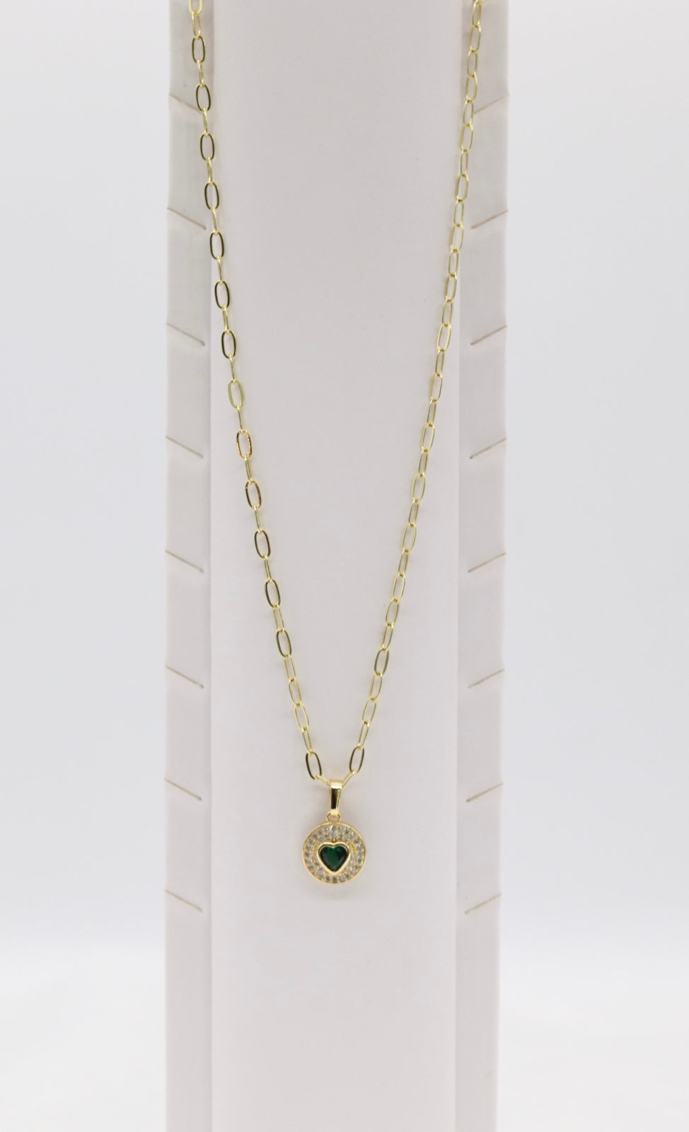 Gold Heart Pendant Necklace – Emerald Green Gemstone with Crystal Halo
