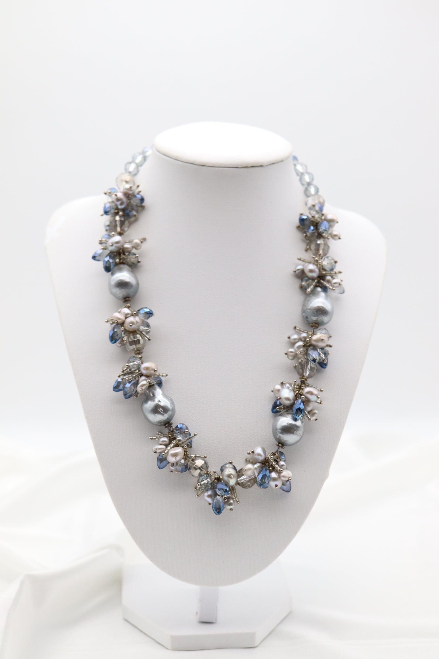 Faceted Blue Crystals With Light Blue Pearls Necklace