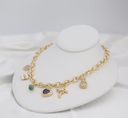 Mixed Charm Gold Chain Necklace – Heart, Pearl & Crystal Charm Statement Necklace