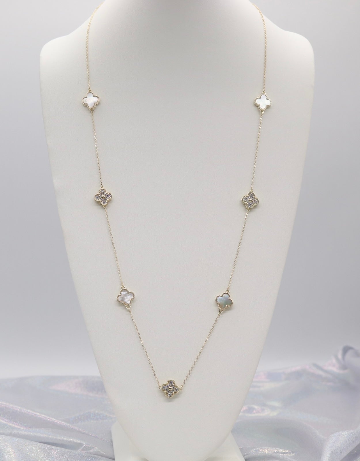 Gold CZ And Cream Color Clover Station Necklace