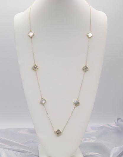 Gold CZ And Cream Color Clover Station Necklace