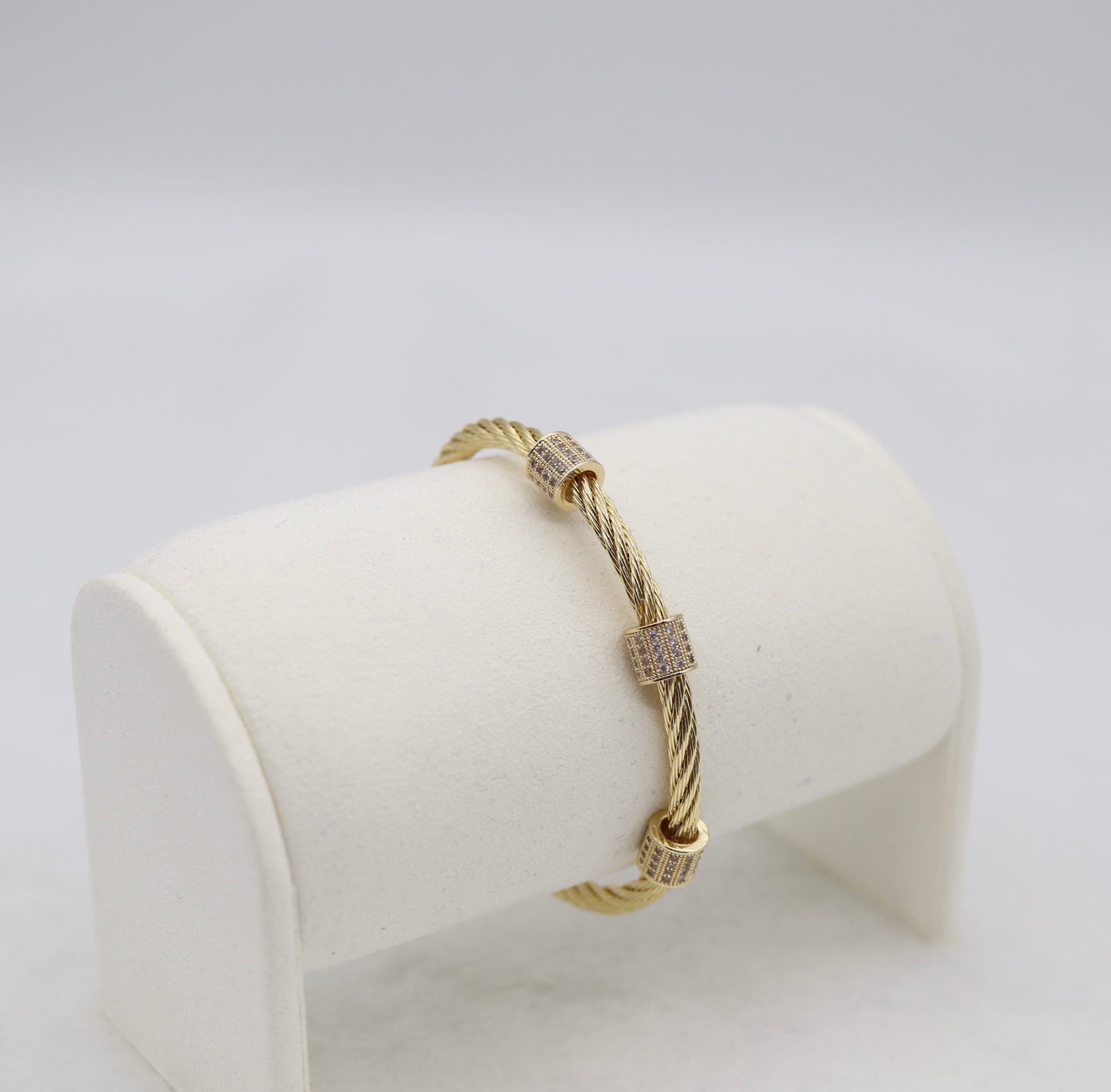 Gold Cable Cuff Bracelet with Pave Crystal Barrel Accents