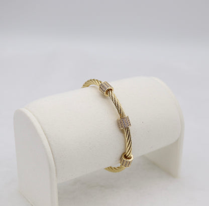 Gold Cable Cuff Bracelet with Pave Crystal Barrel Accents