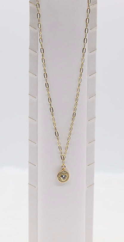 Gold Heart Medallion Necklace – Sparkling Crystal Round Pendant