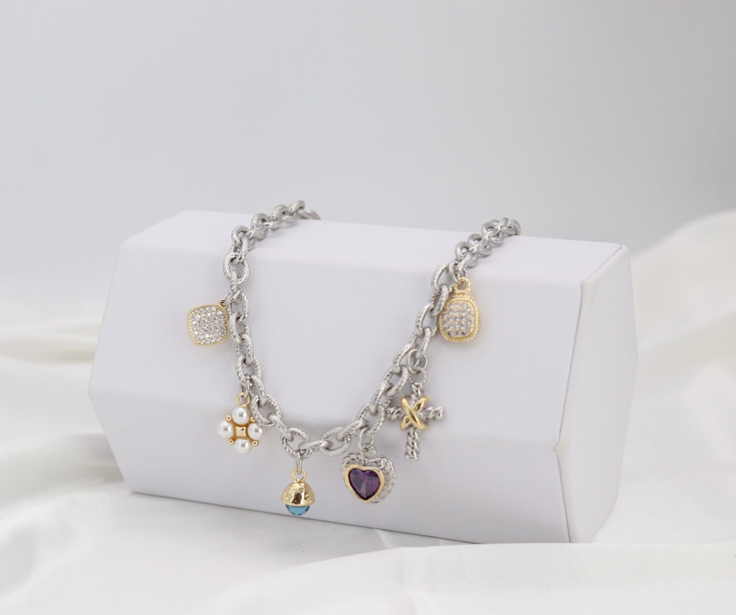 Mixed Charm Silver Chain Necklace – Heart, Pearl & Crystal Charm Statement Necklace