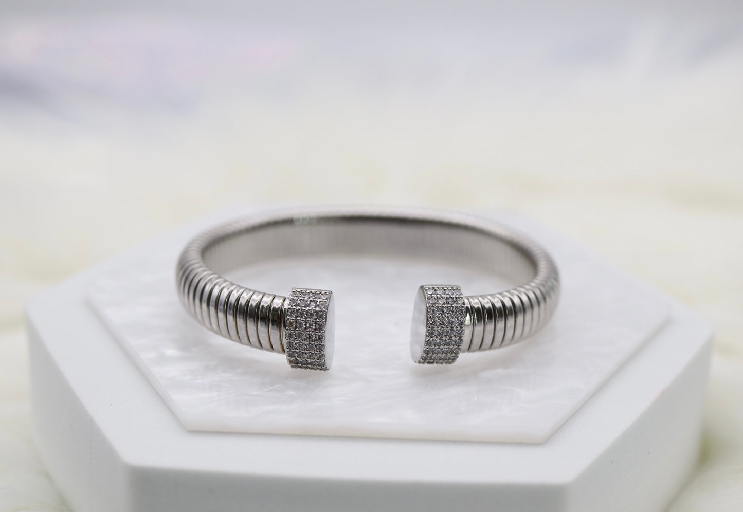 Silver Tubogas Cuff Bracelet With CZ Tips