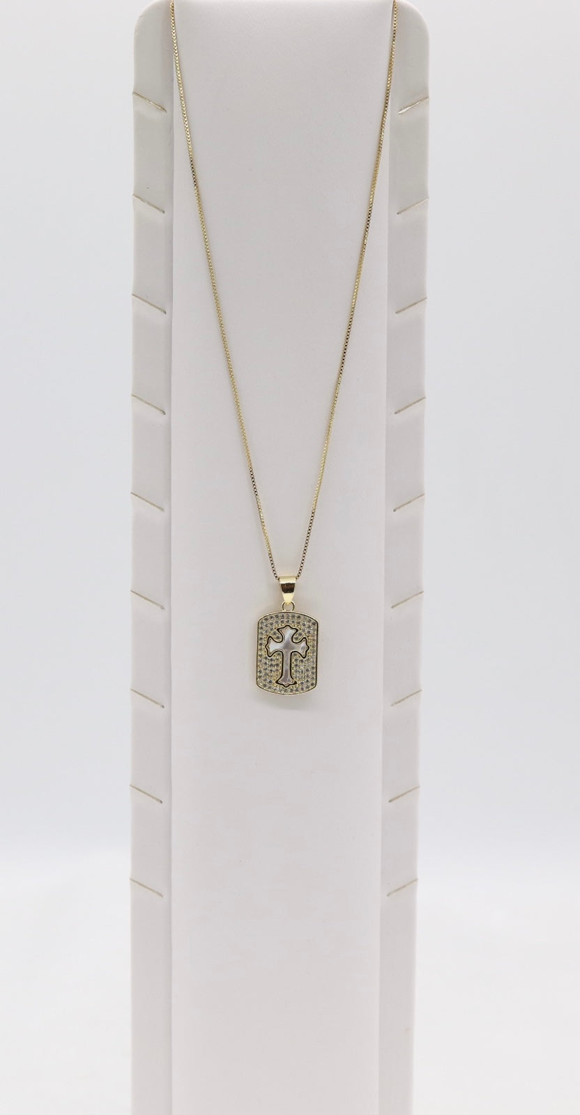 Gold Cross Pendant Necklace – Crystal Pavé Dog Tag Design