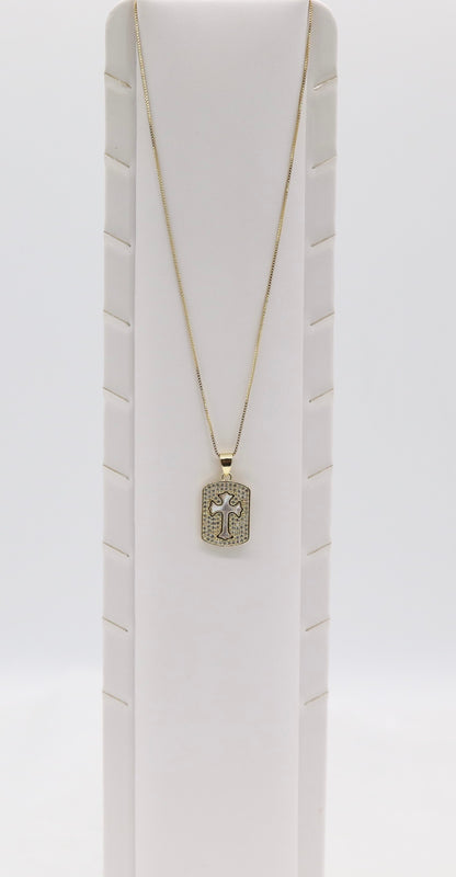 Gold Cross Pendant Necklace – Crystal Pavé Dog Tag Design