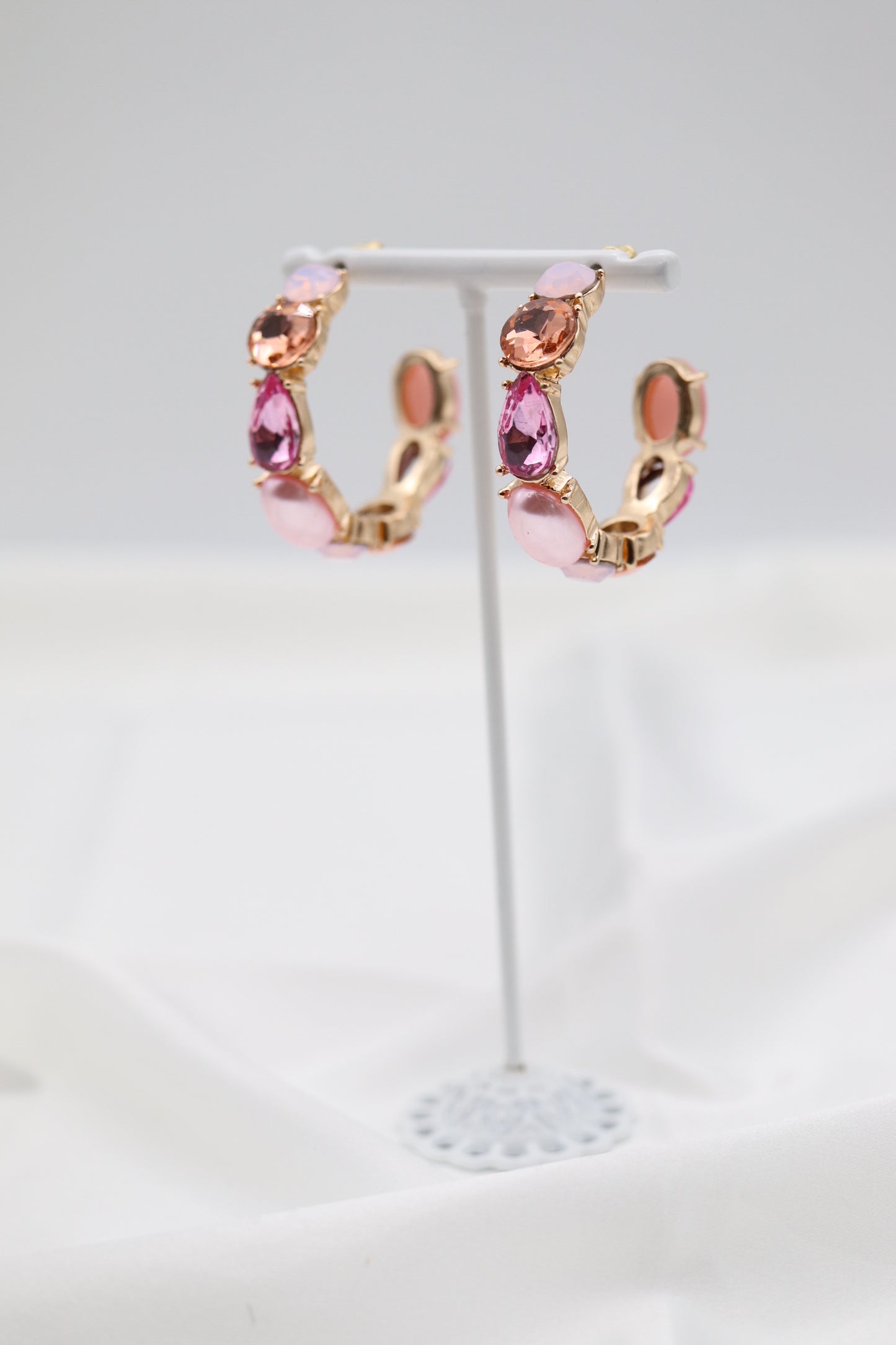 Pink Glass Stone Hoop Earring