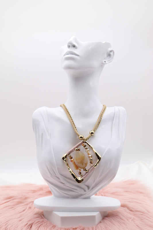Pink Stone and Carnelia Color Beads Pendant With Multi Chain