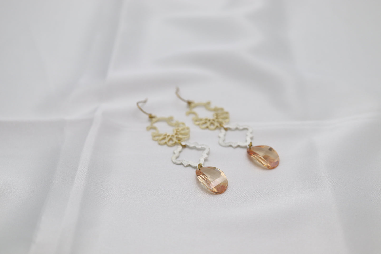 Filigree Dangling Peach Stone Earrings Made With Faceted Fancy Cut Cubics