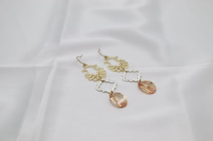 Filigree Dangling Peach Stone Earrings Made With Faceted Fancy Cut Cubics