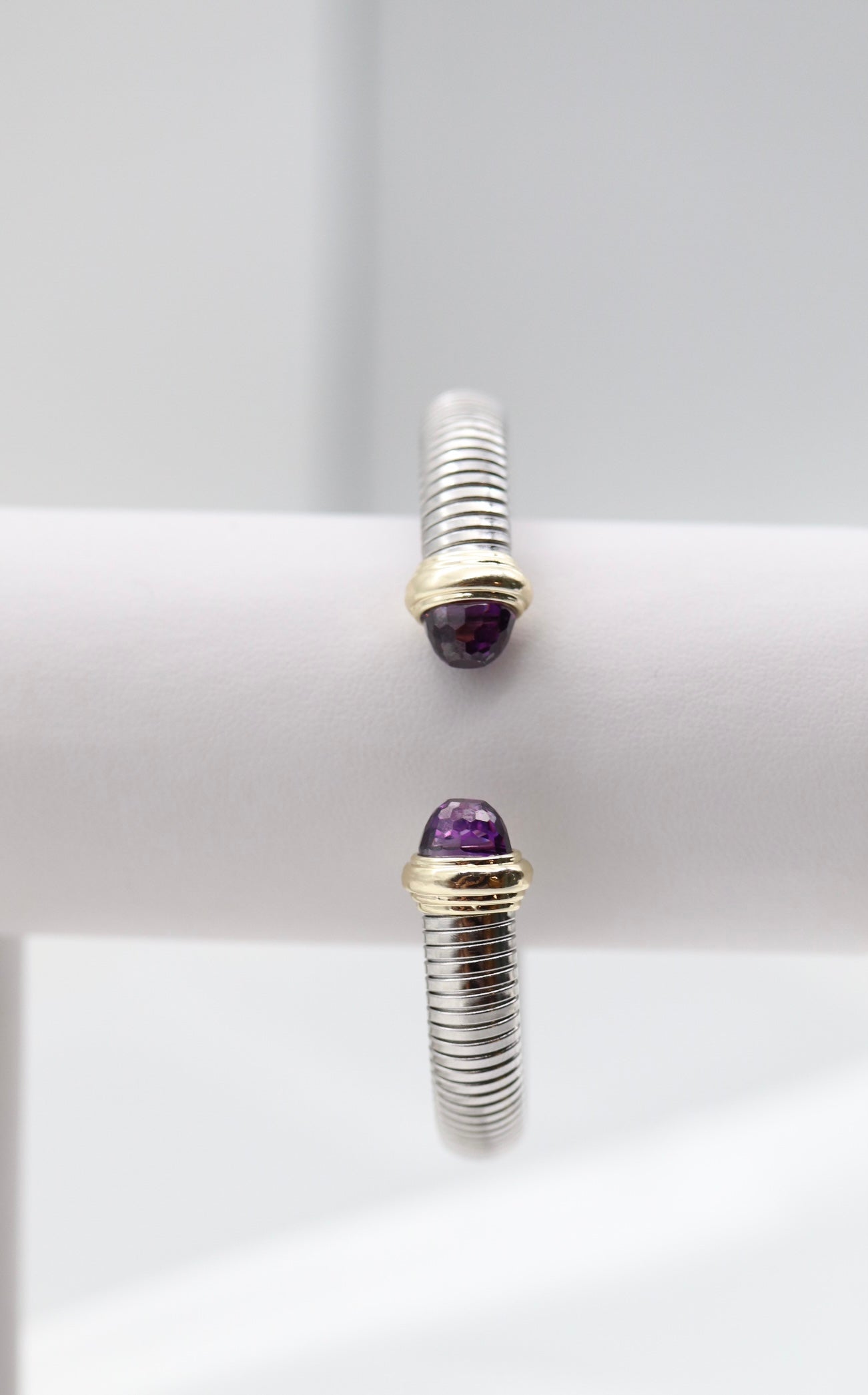 Silver Tubogas Cuff Bracelet With Violet Crystal Ends