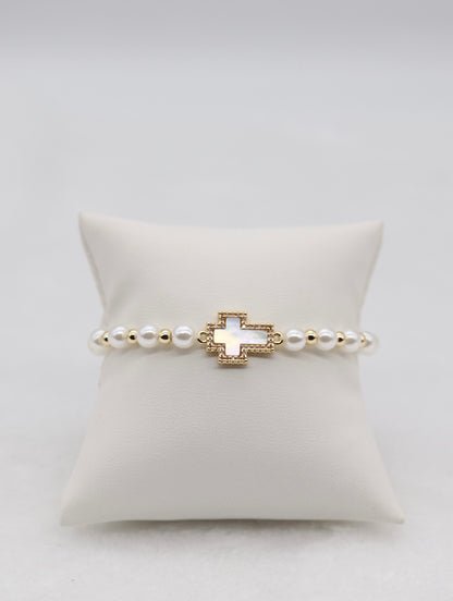 Mother of Pearl Cross & Pearl Beaded Bracelet – Faithful Elegance