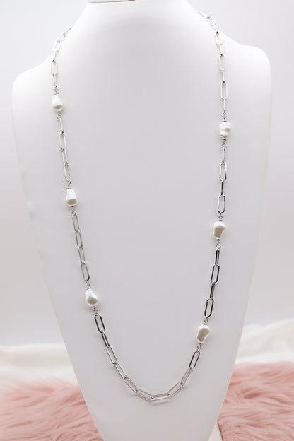 Paperclip Necklace Silver With Pearl Stations