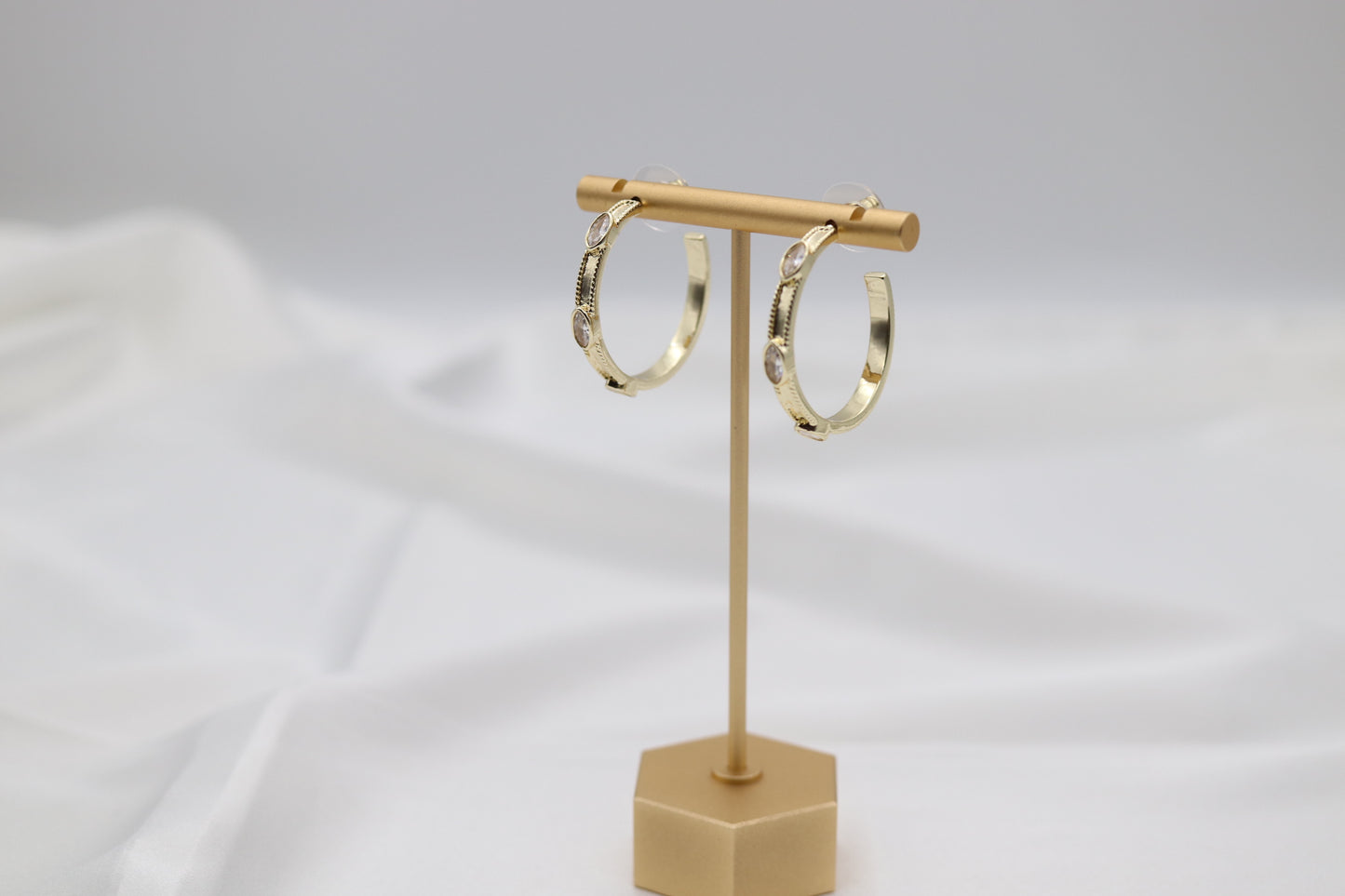 Gold Hoop Oval CZ Station Earrings